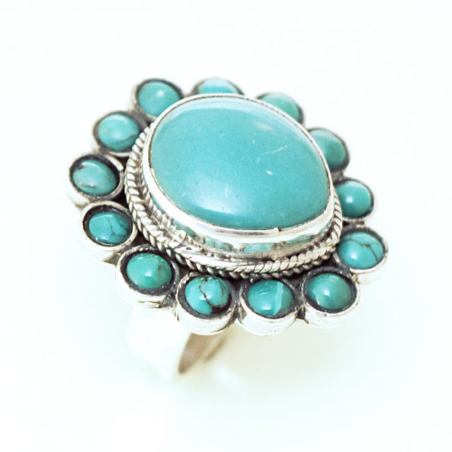 Bague cabochon fleur en argent 925 et Turquoise - Népal 173