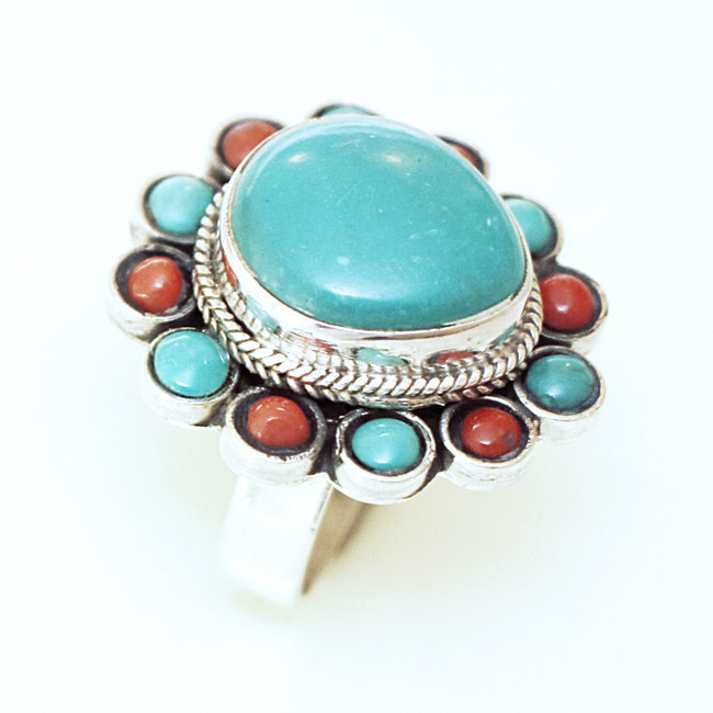 Bague cabochon fleur en argent 925, Corail et Turquoise - Népal 173