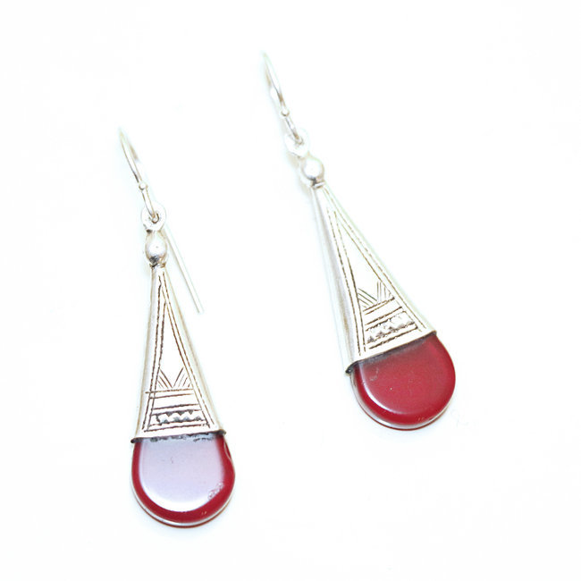 Boucles d'oreilles touareg gouttes Ingall argent 925 et verre rouge - Niger 013