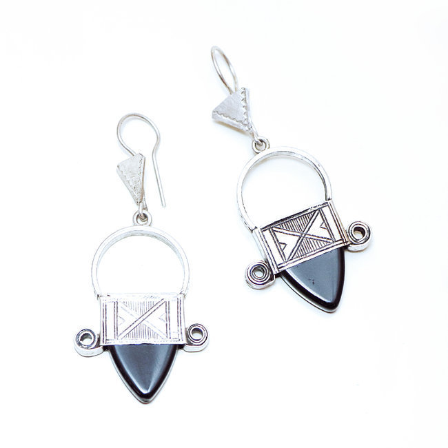 Boucles d'oreilles touareg Croix du Sud Ingall argent 925 et verre noir - Niger 019