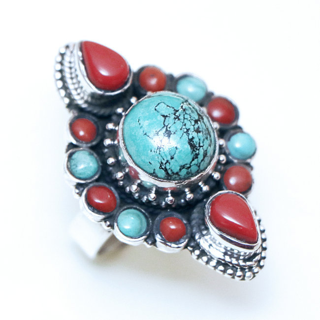 Bague argent massif 925, Corail et Turquoise naturelle - Népal 127