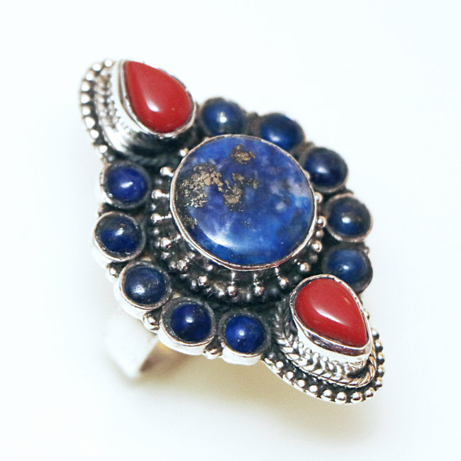 Bague argent 925, Corail et Lapis-Lazuli - Népal 127