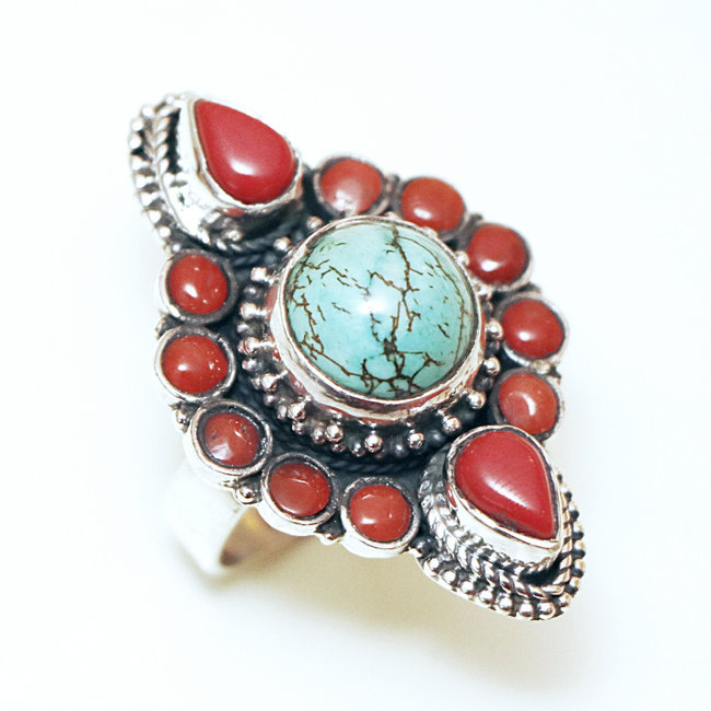 Bague argent 925, Turquoise naturelle et Corail - Népal 177 - R