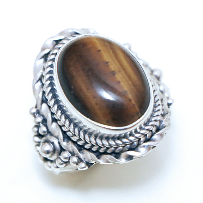 Bague ovale filigranes argent 925 et Oeil de Tigre - Inde 178