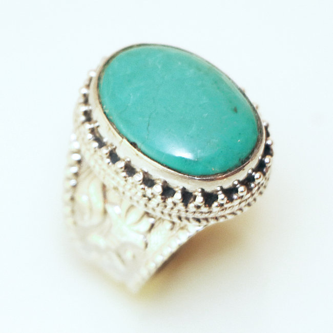 Bague chevalière ovale argent 925 et Turquoise naturelle - Népal 193