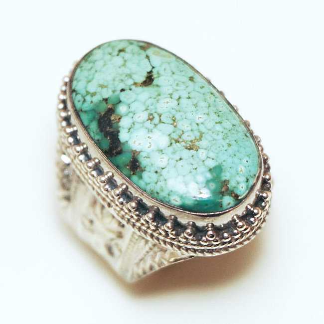 Bague chevalière ovale argent 925 et Turquoise naturelle - Népal 197