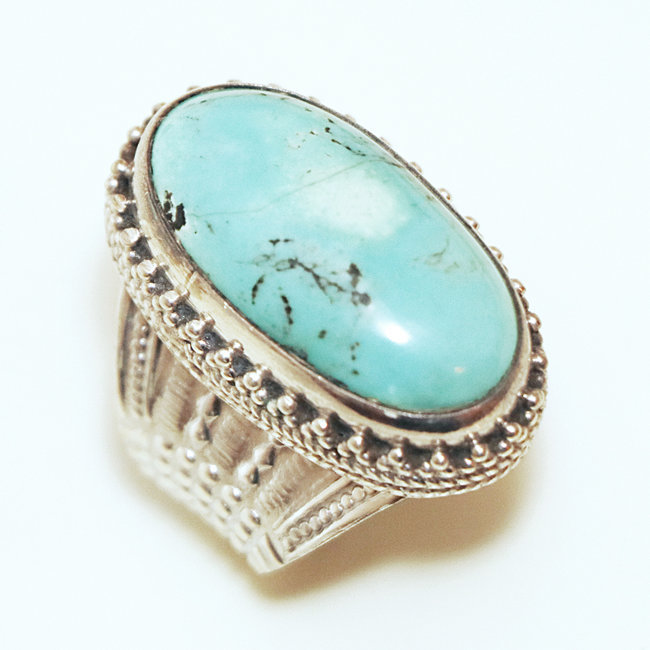 Bague chevalière ovale argent 925 et Turquoise naturelle - Népal 198