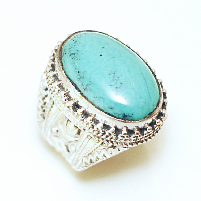 Bague chevalière ovale argent 925 et Turquoise naturelle - Népal 199