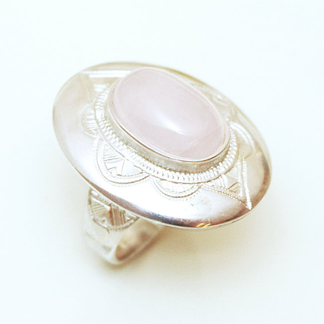 Bague argent massif 925 touareg ovale et Quartz rose - Niger 003