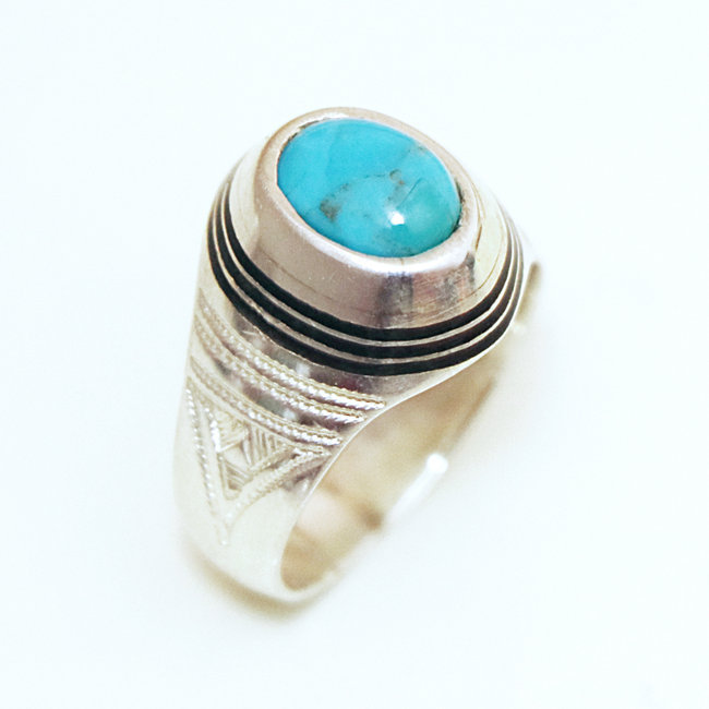 Bague argent massif 925 touareg ovale chevalière et Turquoise naturelle - Niger 008