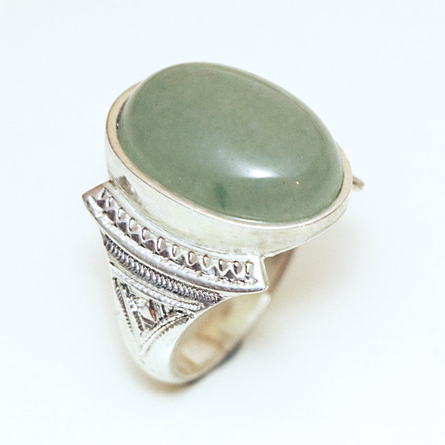 Bague argent massif 925 touareg chevalière ovale et Aventurine verte - Niger 002