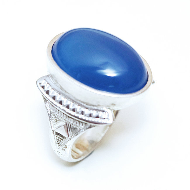 Bague argent massif 925 touareg chevalière ovale et Agate bleue - Niger 002