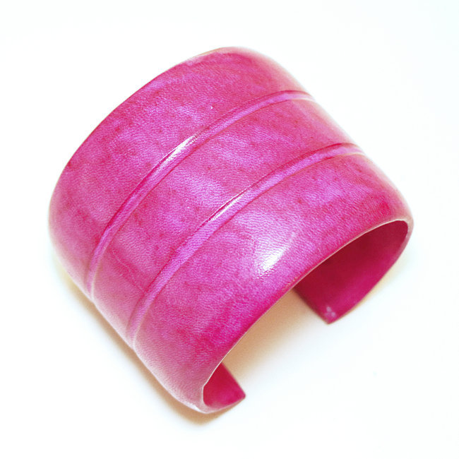 Bracelet manchette touareg large cuir Rose Fushia double - Mali 001