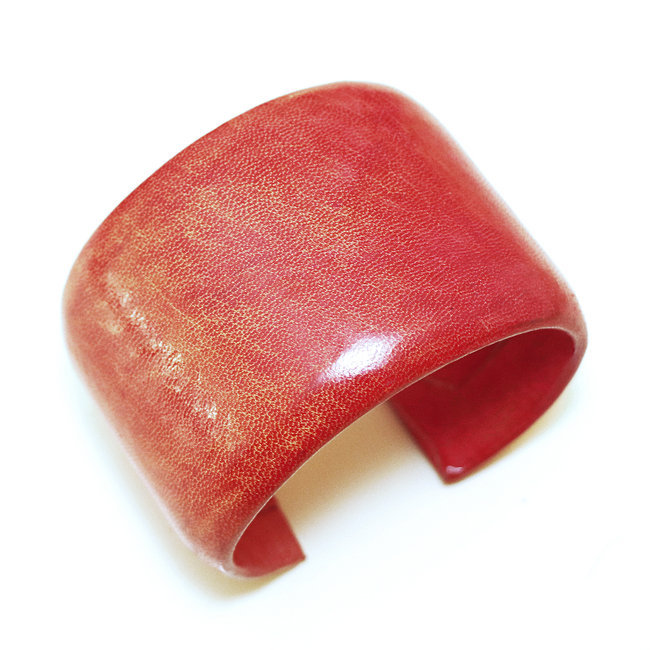 Bracelet manchette touareg large cuir Rouge lisse - Mali 003