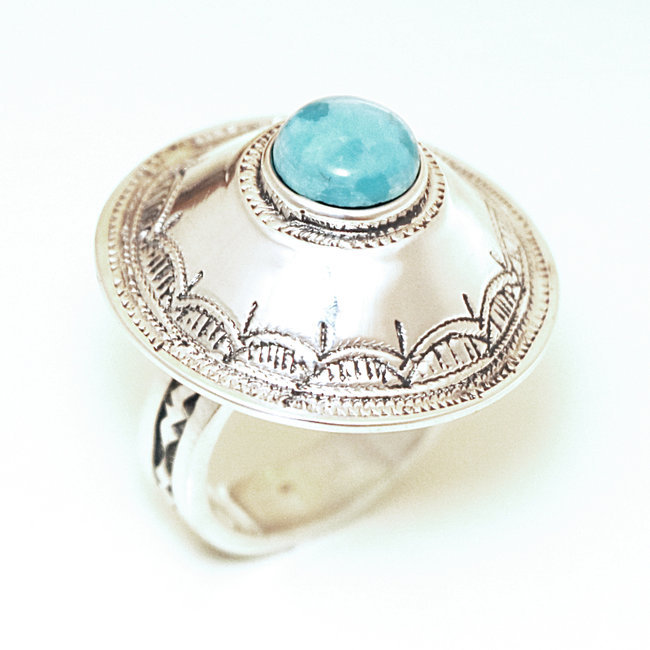 Bague argent massif 925 touareg ronde cône large et Turquoise - Niger 071