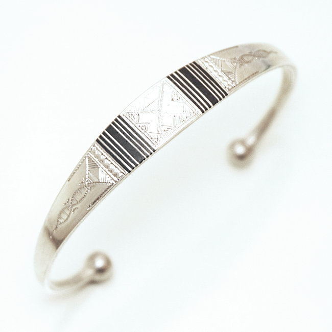 Bracelet argent massif 925 touareg gourmette croix jonc plat et ébène - Niger 058