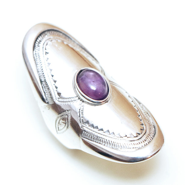 Bague argent massif 925 touareg longue navette ovale et Améthyste violet - Niger 072