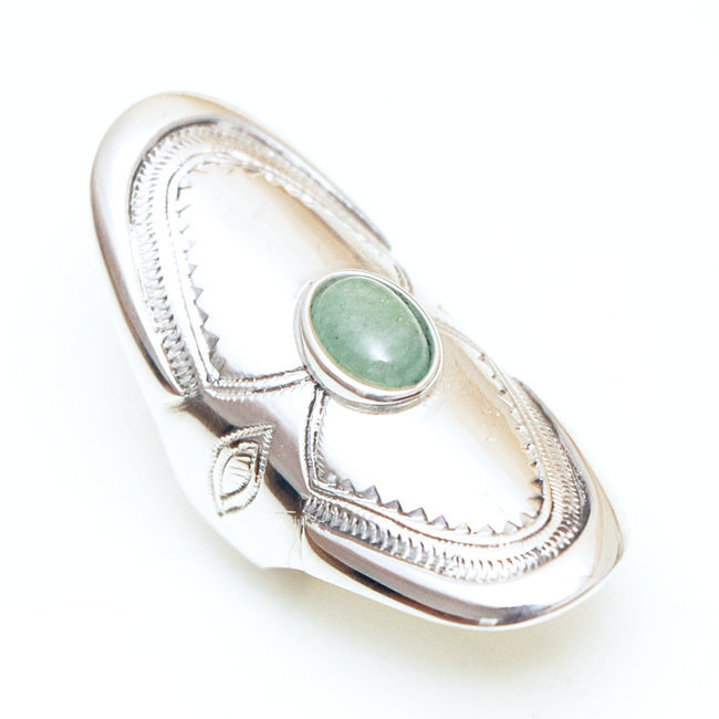 Bague argent massif 925 touareg longue navette ovale et Aventurine - Niger 072