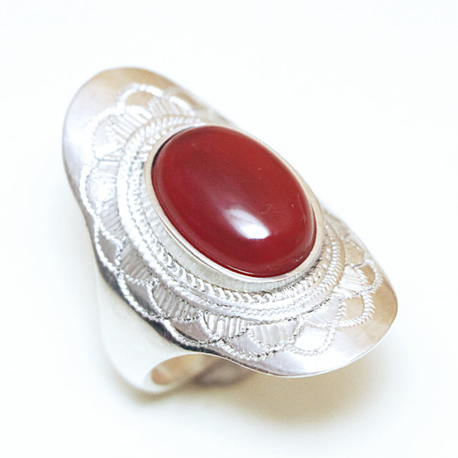 Bague argent massif 925 touareg ovale navette fleur et Cornaline - Niger 073