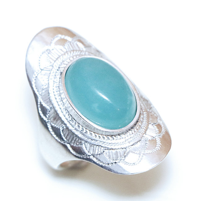 Bague argent massif 925 touareg ovale navette fleur et Amazonite - Niger 073