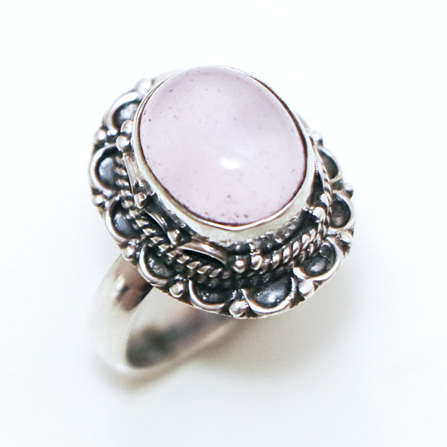 Bague argent 925 ovale filigranes et Quartz rose - Inde 251 - S