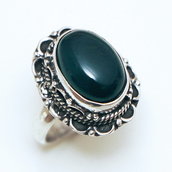 Bague argent 925 ovale filigranes et Agate verte - Inde 251 - M