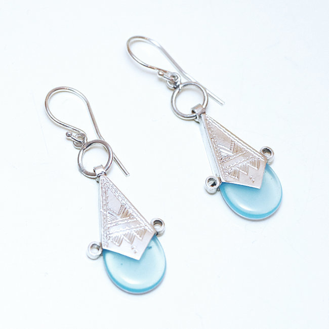 Boucles d'oreilles touareg croix d'ingall argent 925 et verre bleu clair - Niger 029