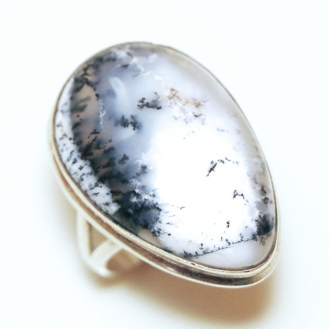 Bague argent 925 goutte et Agate blanche dendrites - Inde 273