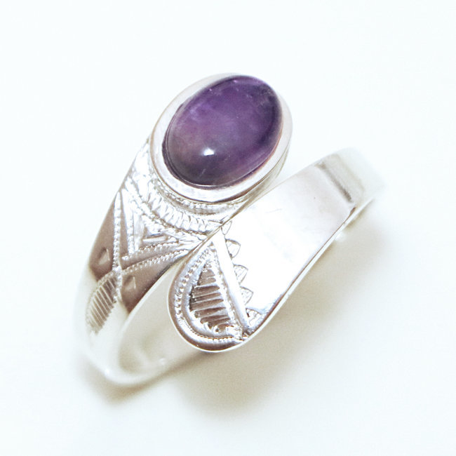 Bague argent massif 925 touareg réglable croisée et Améthyste violet - Niger 030