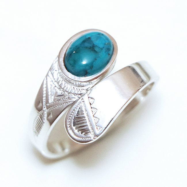 Bague argent massif 925 touareg croisée réglable et Turquoise véritable - Niger 030