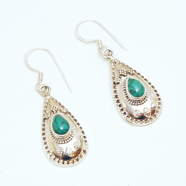 Boucles d'oreilles argent massif 925 gouttes filigranes et Howlite turquoise - Inde 061