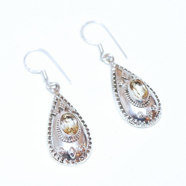 Boucles d'oreilles argent massif 925 ovales filigranes facettes et Citrine - Inde 064