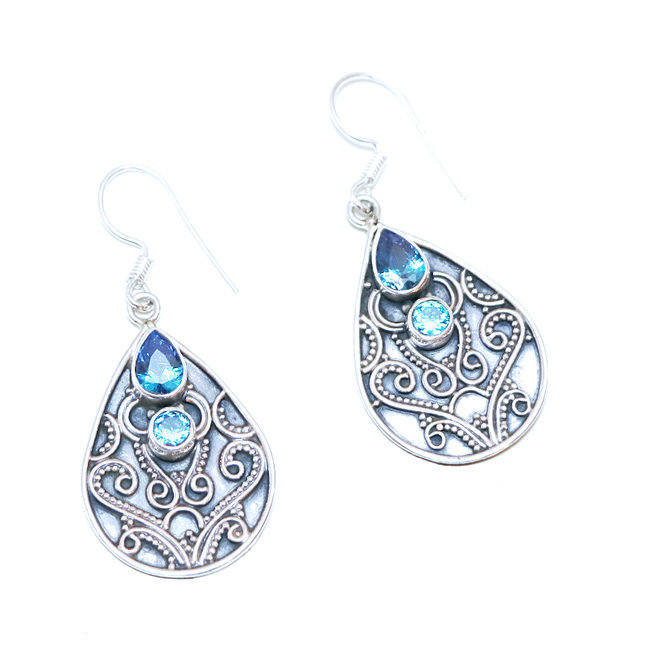 Boucles d'oreilles argent massif 925 goutte facettes et Cristal Topaze bleue - Inde 062