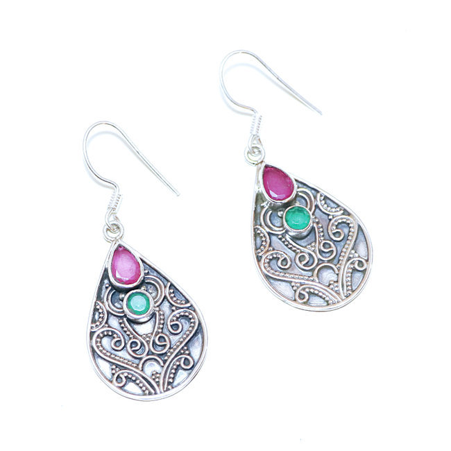 Boucles d'oreilles argent massif 925 goutte facettes corindon Rubis et Emeraude - Inde 062