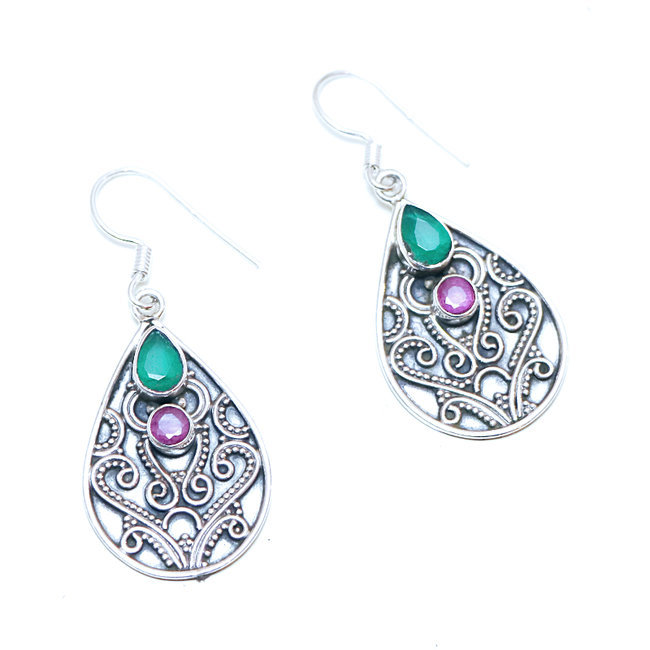 Boucles d'oreilles argent massif 925 goutte facettes corindon Emeraude et Rubis - Inde 062