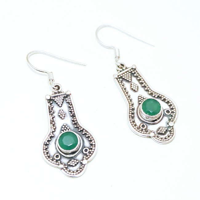 Boucles d'oreilles argent massif 925 rondes filigranes facettes et corindon Emeraude - Inde 065