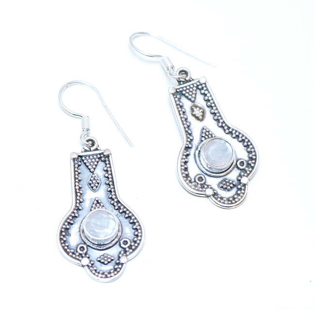 Boucles d'oreilles argent massif 925 rondes filigranes facettes et Pierre de Lune - Inde 065