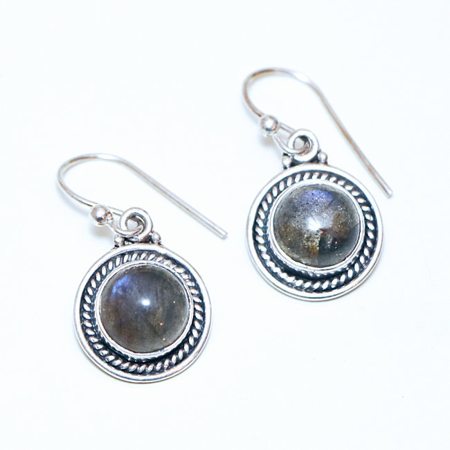 Boucles d'oreilles argent massif 925 rondes filigranes et Labradorite - Inde 070