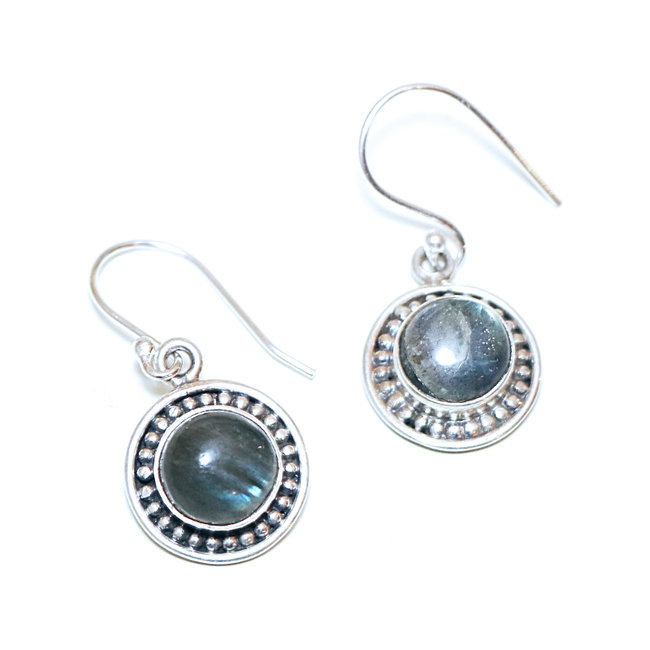 Boucles d'oreilles argent massif 925 rondes filigranes et Labradorite - Inde 071