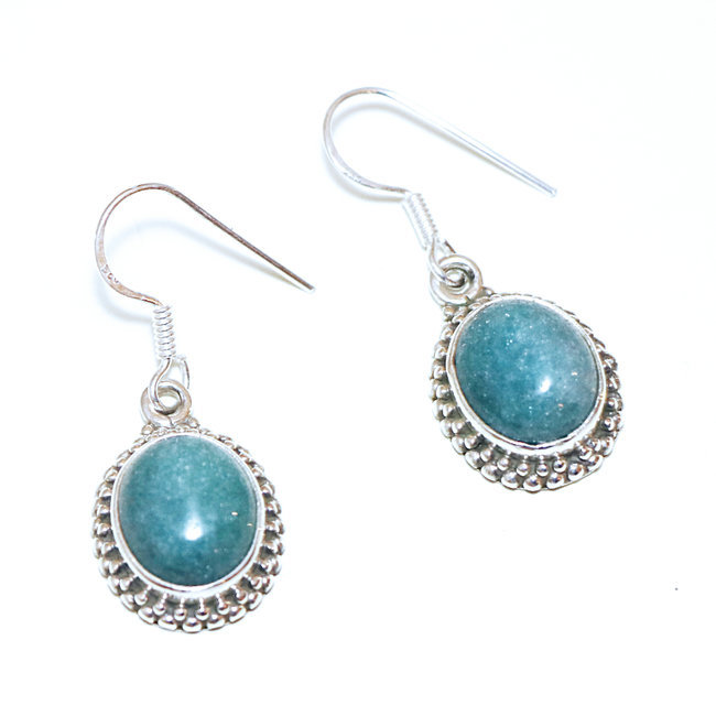 Boucles d'oreilles argent massif 925 ovales filigranes et corindon Emeraude - Inde 075