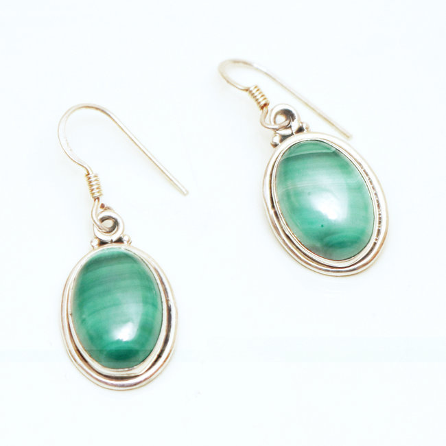 Boucles d'oreilles argent massif 925 ovales et Malachite - Inde 092