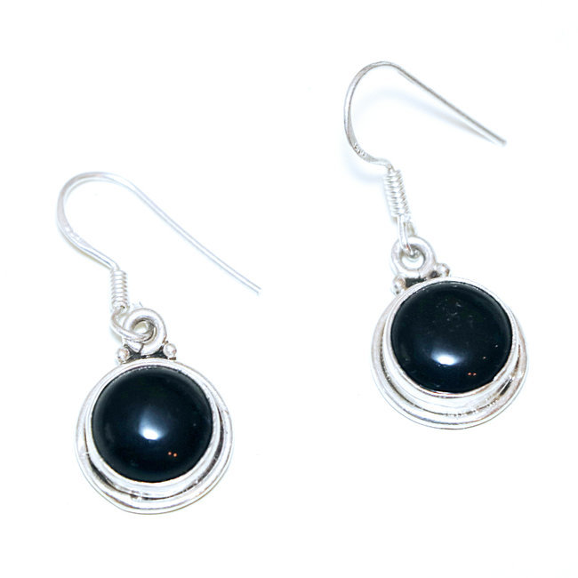 Boucles d'oreilles argent massif 925 rondes et Onyx - Inde 096