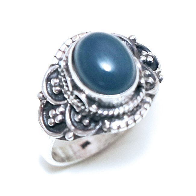 Bague argent massif 925 ovale filigranes et Agate bleue - Inde 328 - S