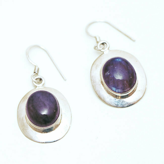 Boucles d'oreilles argent massif 925 ovale et Am&eacute;thyste - Inde 066