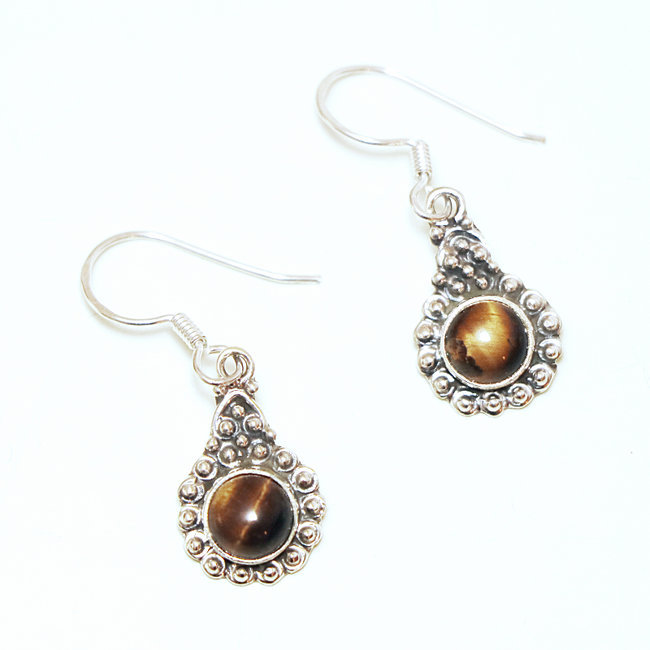 Boucles d'oreilles argent 925 rondes filigranes et Oeil de Tigre - Inde 124