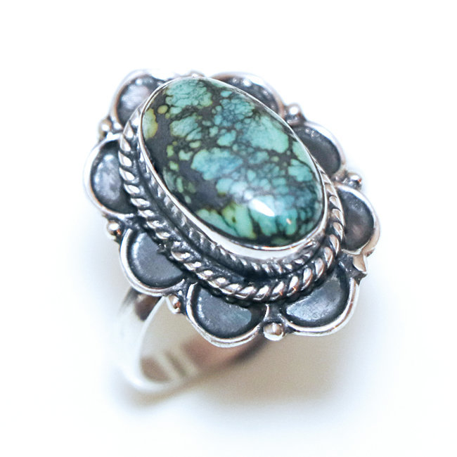 Bague argent 925 ovale filigranes et Turquoise veinée  - Inde 346