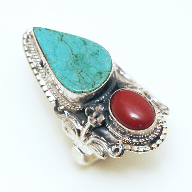 Bague en argent 925 longue filigranes Turquoise naturelle et Corail - Népal 226