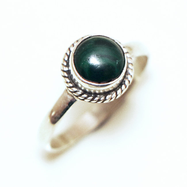 Bague argent 925 ronde filigranes et Malachite - Inde 365 S