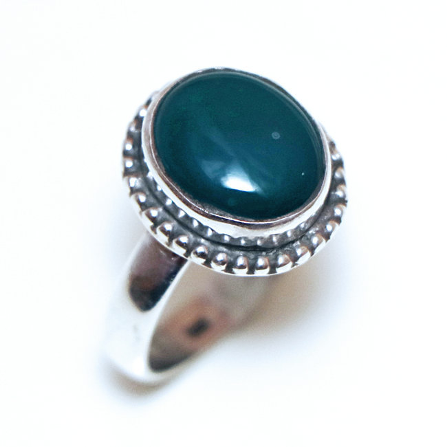 Bague argent massif 925 ovale filigranes et Agate verte - Inde 075 - M