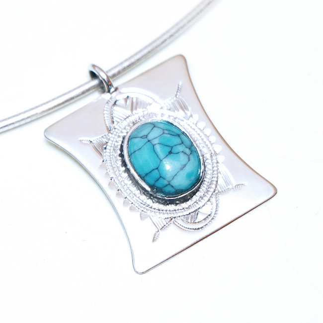 Pendentif argent massif 925 touareg et turquoise véritable Niger 007